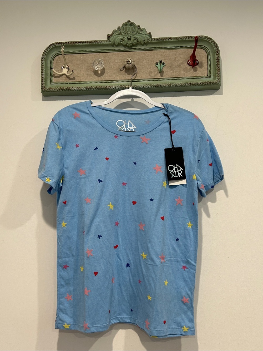 Chaser Light Blue Star & Heart Print Short Sleeve soft cotton women’s Tee medium